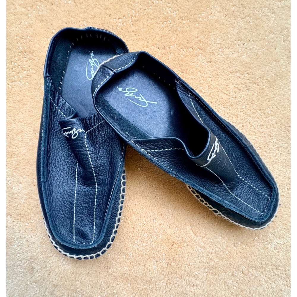 VTG FUBU Black Leather Espadrille Slip On Shoes Mens 6 Women's 8 Retro 90s Y2K